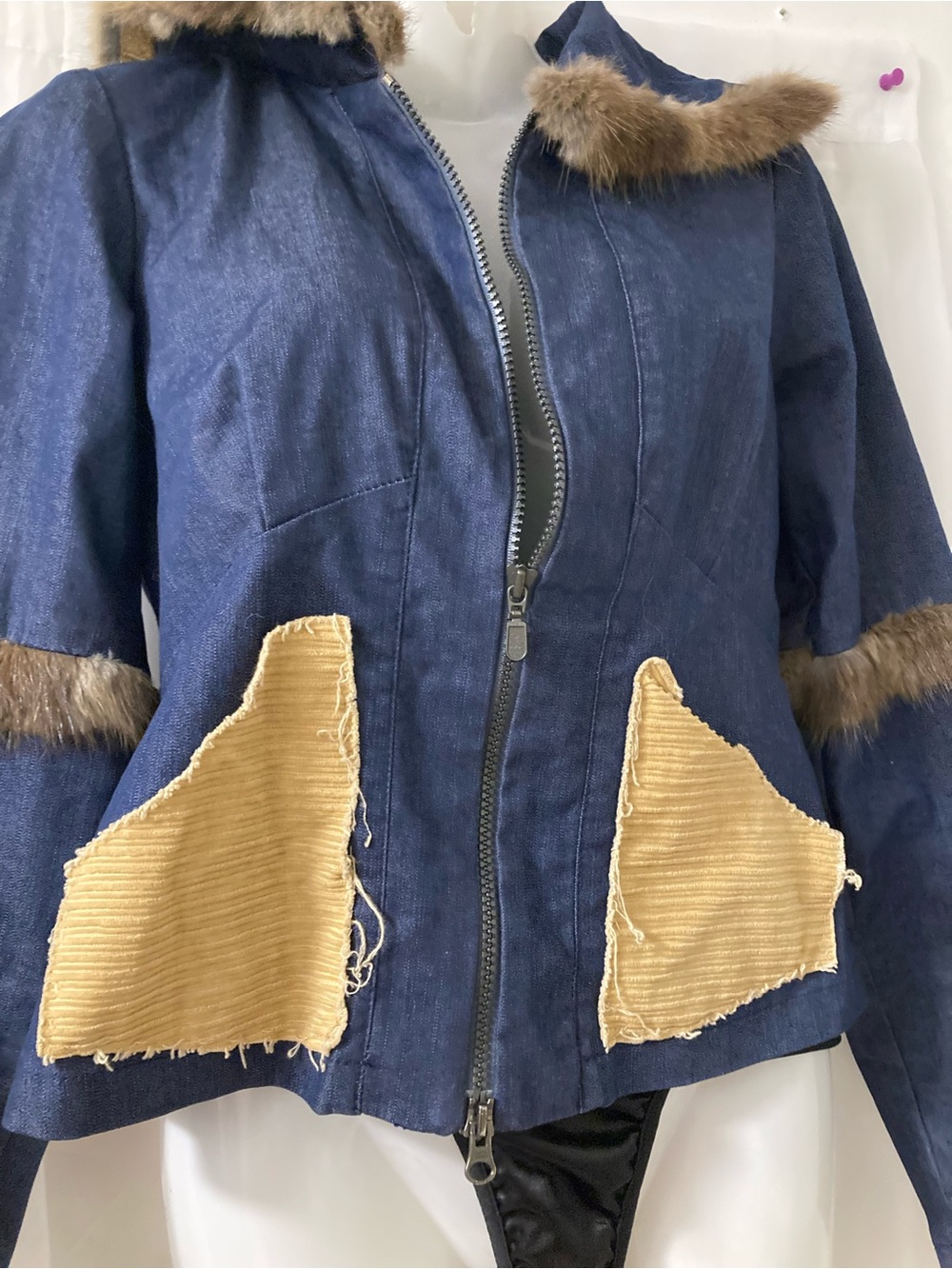 Myco Anna Y2K Denim Hooded Jacket Faux Fur Trim Fairy Grunge Festival Coat